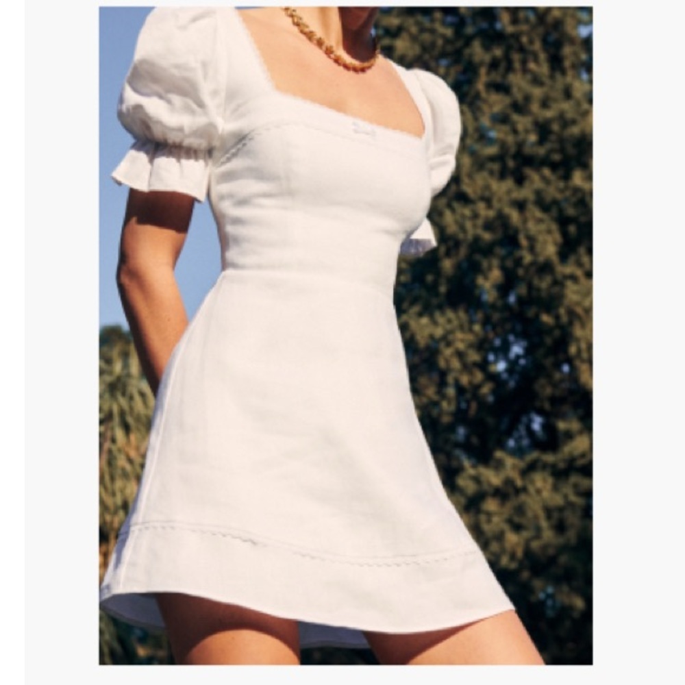 Reformation Evianna Linen Dress White Puff Sleeve Dress